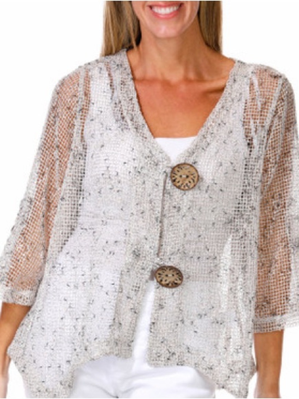 Nina Leonard Speckled Cream Open-Knit Cardigan with Wooden Buttons